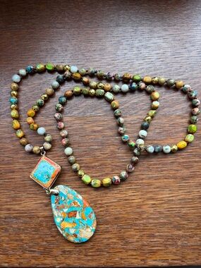 Turquoise & Multi-Bead Teardrop long Pendant Necklace